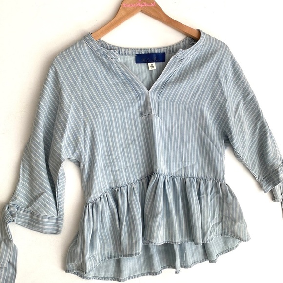 Blue Rain v neck Tied Sleeves cold shoulder pinstripe peplum Blouse, Size XS - Picture 11 of 11